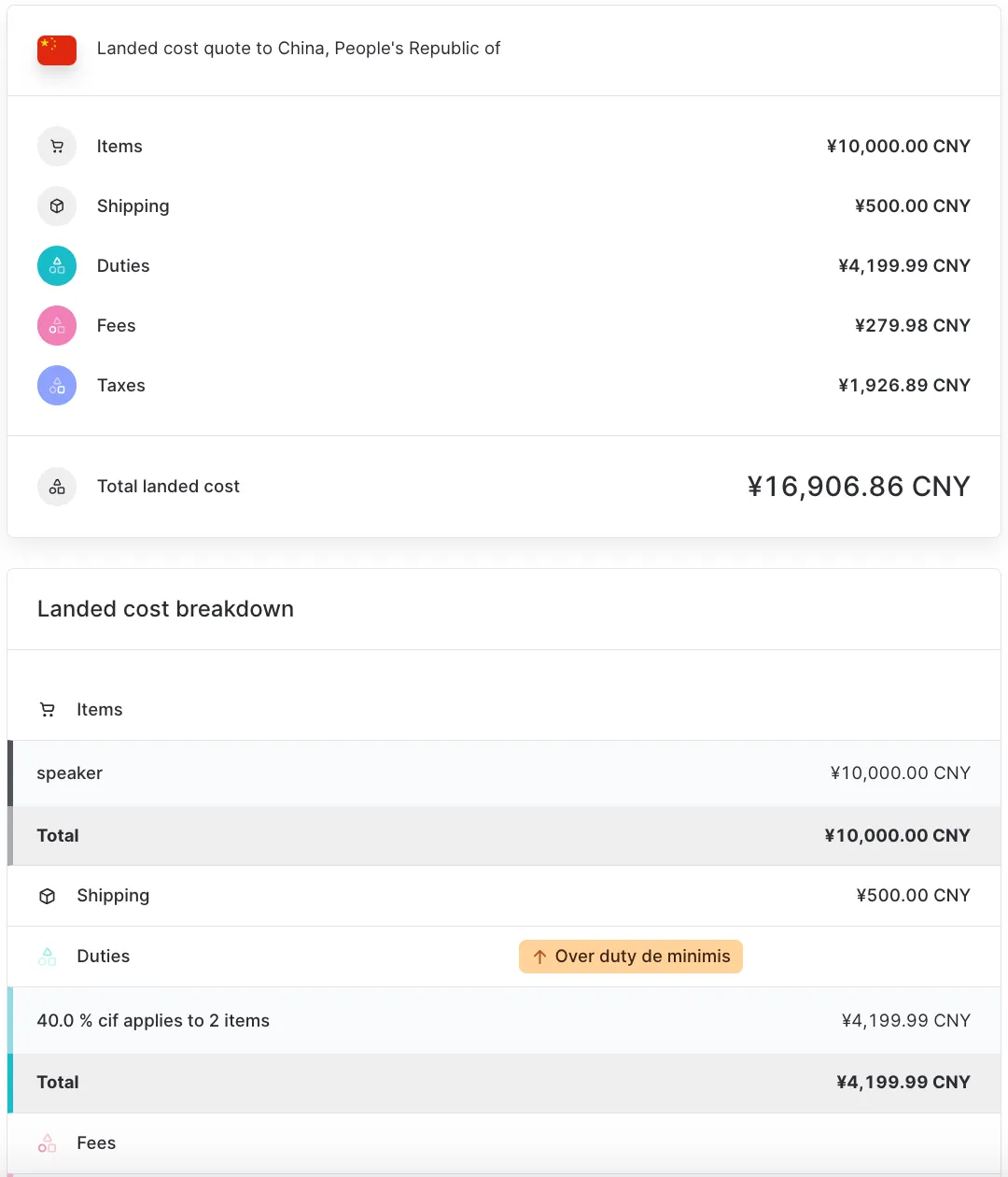Landed cost quote courier shipment above de
minimis